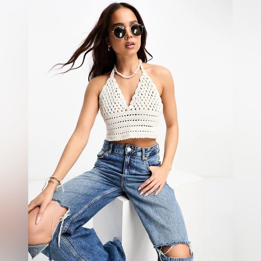 NWT ASOS Design Crochet Halter Neck Top in cream-White